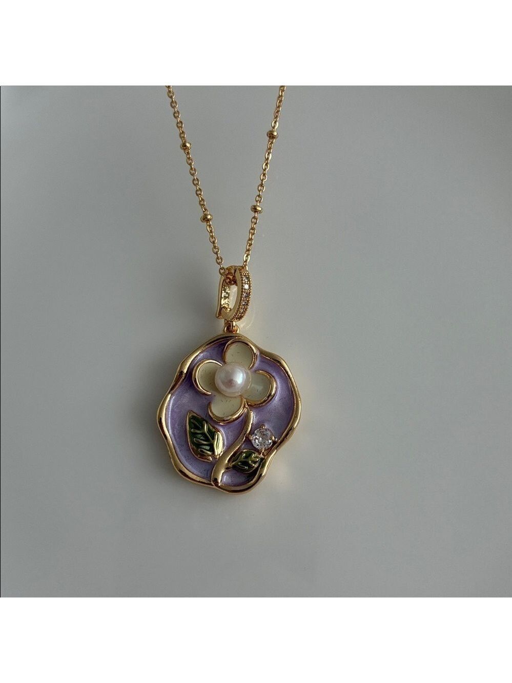 Purple Enamel Flower Gold Necklace, Freshwater Pearl Necklace, Handmade Pendant